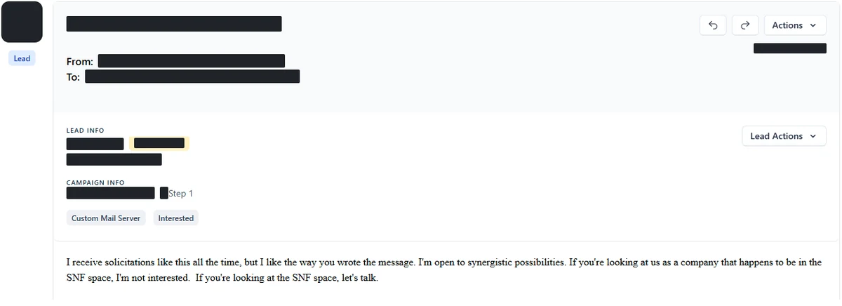 Anonymised reply screenshot: I receive solicitations like this all the time, but I like the way you wrote the message... let's talk. Identifying details are blocked out.