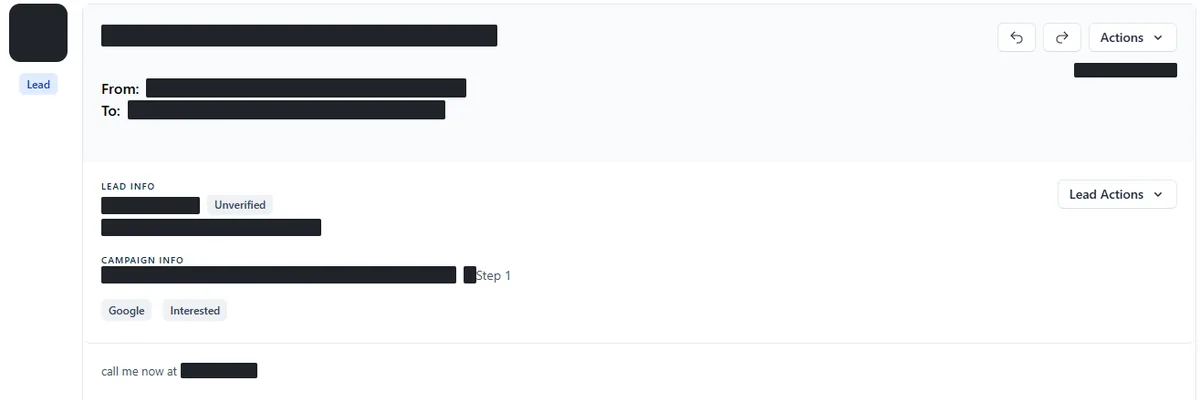 Anonymised reply screenshot: call me now... Identifying details are blocked out.