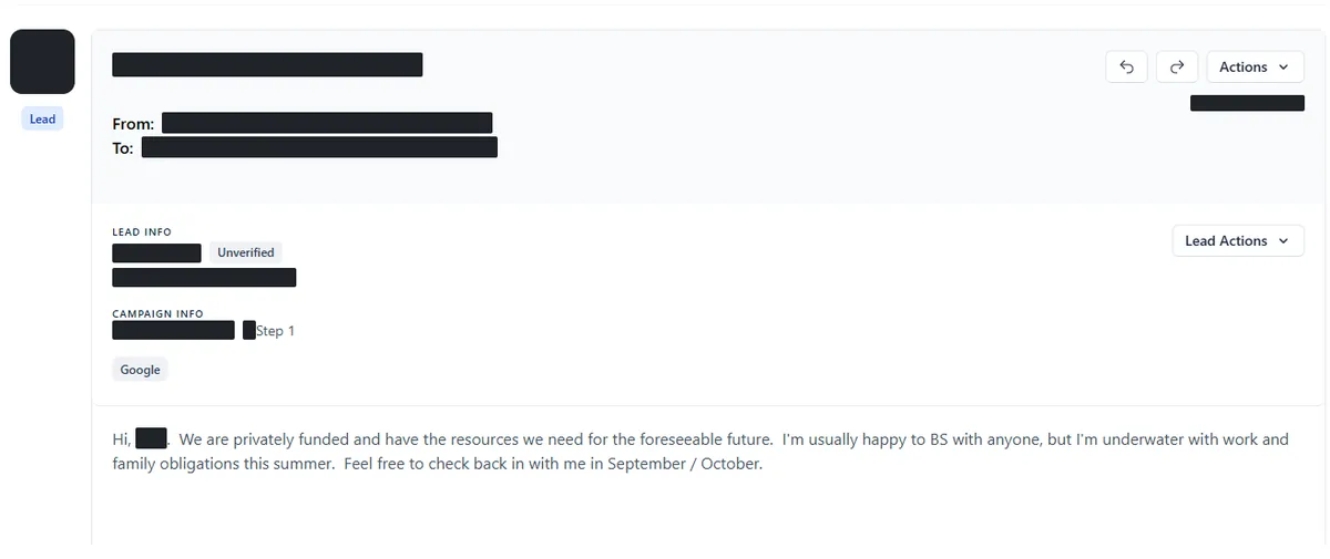Anonymised reply screenshot: Feel free to check back in with me in September / October. Identifying details are blocked out.