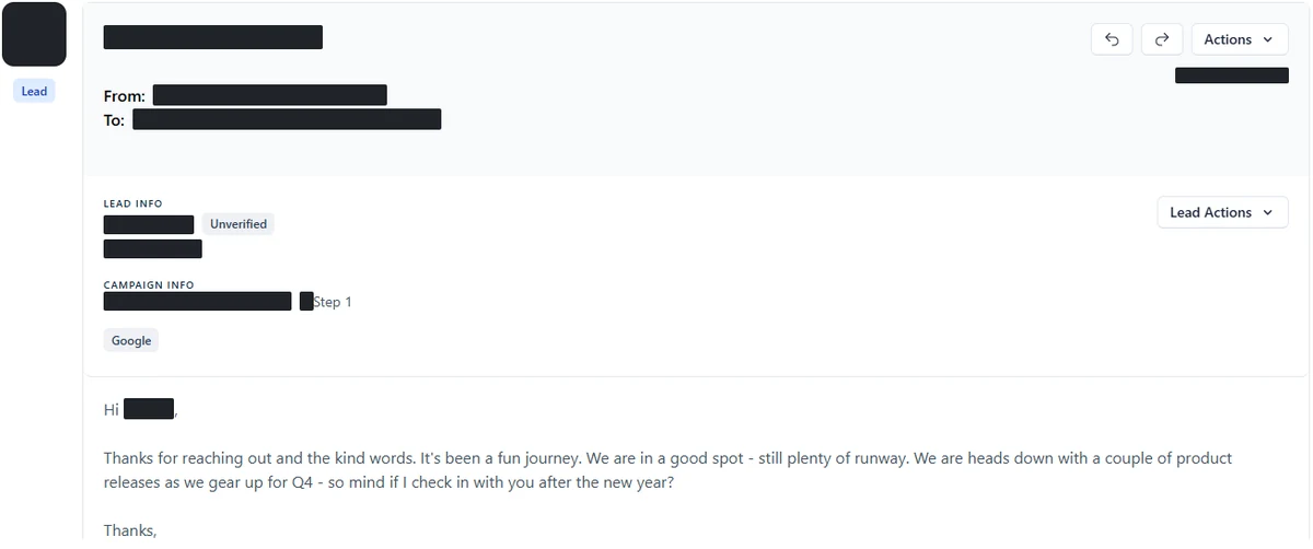 Anonymised reply screenshot: We are in a good spot... so mind if I check in with you after the new year? Identifying details are blocked out.