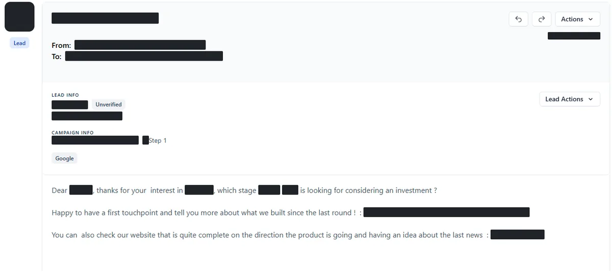 Anonymised reply screenshot: Happy to have a first touchpoint and tell you more about what we built... Identifying details are blocked out.