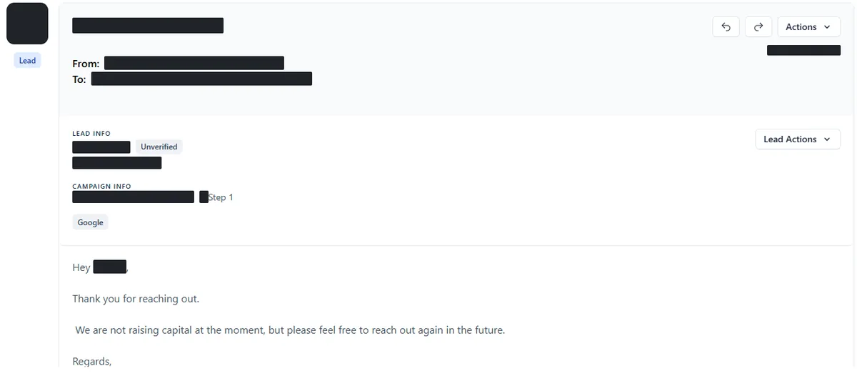 Anonymised reply screenshot: We are not raising capital at the moment, but please feel free to reach out again in the future. Identifying details are blocked out.
