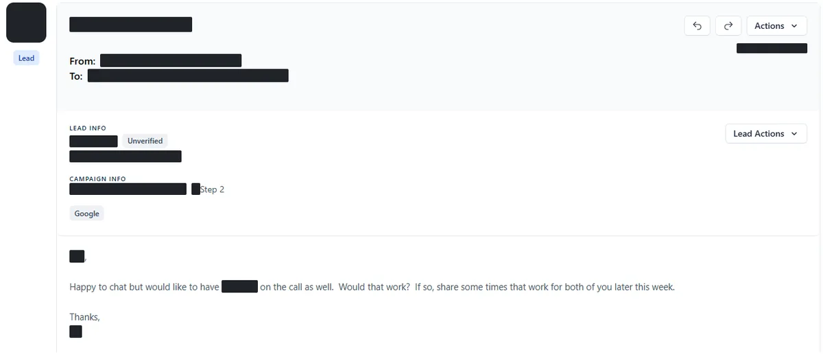 Anonymised reply screenshot: Happy to chat but would like to have ... on the call as well. Would that work? Identifying details are blocked out.